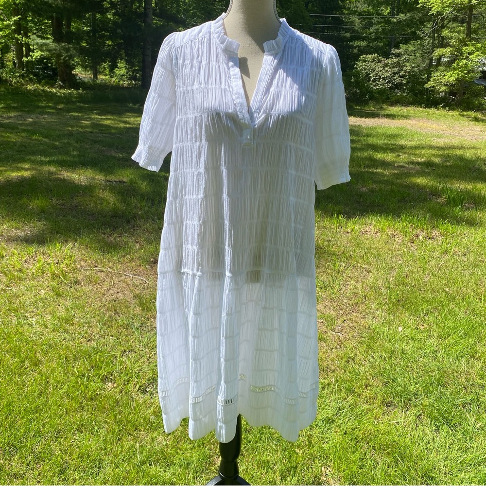 PUROTATTO DRESS MIDI WHITE GAUZE SHEER SHORT SLEEVE SIZE 42 ITALY 6 US M